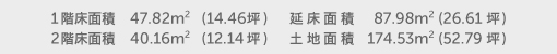 1階床面積 47.82㎡（14.46坪） 2階床面積 40.16㎡（12.14坪） 建物面積 87.98㎡（26.61坪） 土地面積 174.53㎡（52.79坪）