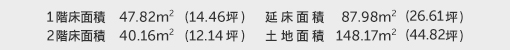 1階床面積 47.82㎡（14.46坪） 2階床面積 40.16㎡（12.14坪） 建物面積 87.98㎡（26.61坪） 土地面積 148.17㎡（44.82坪）