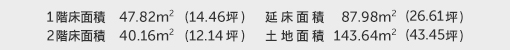 1階床面積 47.82㎡（14.46坪） 2階床面積 40.16㎡（12.14坪） 建物面積 87.98㎡（26.61坪） 土地面積 143.64㎡（43.45坪）