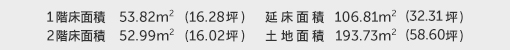 1階床面積 53.82㎡（16.28坪） 2階床面積 52.99㎡（16.02坪） 建物面積 106.81㎡（32.31坪） 土地面積 193.73㎡（58.60坪）