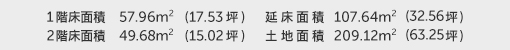 1階床面積 57.96㎡（17.53坪） 2階床面積 49.68㎡（15.02坪） 建物面積 107.64㎡（32.56坪） 土地面積 209.12㎡（63.25坪）