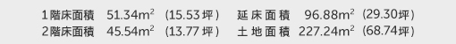 1階床面積 51.34㎡（15.53坪） 2階床面積 45.54㎡（13.77坪） 建物面積 96.88㎡（29.30坪） 土地面積 227.24㎡（68.74坪）