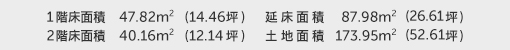 1階床面積 47.82㎡（14.46坪） 2階床面積 40.16㎡（12.14坪） 建物面積 87.98㎡（26.61坪） 土地面積 173.95㎡（52.61坪） 