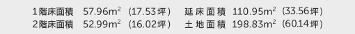 1階床面積 57.96㎡（17.53坪） 2階床面積 52.99㎡（16.02坪） 建物面積 110.95㎡（33.56坪） 土地面積 198.83㎡（60.14坪）