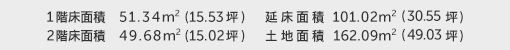 1階床面積 51.34㎡（15.53坪） 2階床面積 49.68㎡（15.02坪） 建物面積 101.02㎡（30.55坪） 土地面積 162.09㎡（49.03坪）