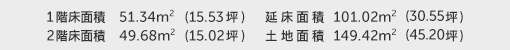 1階床面積 51.34㎡（15.53坪） 2階床面積 49.68㎡（15.02坪） 建物面積 101.02㎡（30.55坪） 土地面積 149.42㎡（45.20坪）