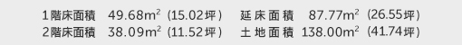 1階床面積 49.68㎡（15.02坪） 2階床面積 38.09㎡（11.52坪） 建物面積 87.77㎡（26.55坪） 土地面積 138.00㎡（41.74坪）