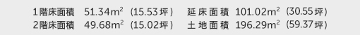 1階床面積 51.34㎡(15.53坪) 2階床面積 49.68㎡(15.02坪) 建物面積 101.02㎡(30.55坪) 土地面積 196.29㎡(59.37坪)