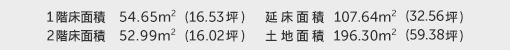 1階床面積 54.65㎡(16.53坪) 2階床面積 52.99㎡(16.02坪) 建物面積 107.64㎡(32.56坪) 土地面積 196.30㎡(59.38坪)
