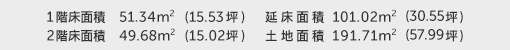 1階床面積 51.34㎡(15.53坪) 2階床面積 49.68㎡(15.02坪) 建物面積 101.02㎡(30.55坪) 土地面積 191.71㎡(57.99坪)