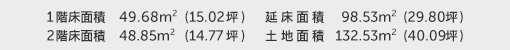 1階床面積 49.68㎡（15.02坪） 2階床面積 48.85㎡（14.77坪） 建物面積 98.53㎡（29.80坪） 土地面積 132.53㎡（40.09坪） 