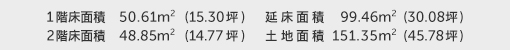 1階床面積 50.61㎡（15.30坪） 2階床面積 48.85㎡（14.77坪） 建物面積 99.46㎡（30.08坪） 土地面積 151.35㎡（45.78坪） 