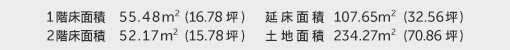 1階床面積 55.48㎡（16.78坪） 2階床面積 52.17㎡（15.78坪） 建物面積 107.65㎡（32.56坪） 土地面積 234.27㎡（70.86坪） 