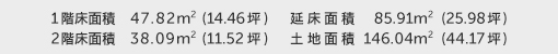 1階床面積 47.82㎡（14.46坪） 2階床面積 38.09㎡（11.52坪） 建物面積 85.91㎡（25.98坪） 土地面積 146.04㎡（44.17坪）