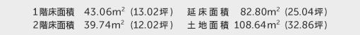 1階床面積 43.06㎡（13.02坪） 2階床面積 39.74㎡（12.02坪） 建物面積 82.80㎡（25.04坪） 土地面積 108.64㎡（32.86坪）