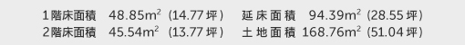 1階床面積 48.85㎡(14.77坪) 2階床面積 45.54㎡(13.77坪) 建物面積 94.39㎡(28.55坪) 土地面積 168.76㎡(51.04坪)