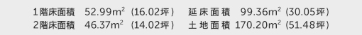 1階床面積 52.99㎡（16.02坪） 2階床面積 46.37㎡（14.02坪） 建物面積 99.36㎡（30.05坪） 土地面積 170.20㎡（51.48坪） 