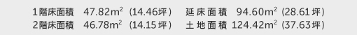 1階床面積 47.82㎡（14.46坪） 2階床面積 46.78㎡（14.15坪） 建物面積 94.60㎡（28.61坪） 土地面積 124.42㎡（37.63坪） 