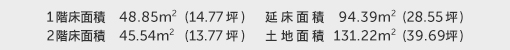 1階床面積 48.85㎡（14.77坪） 2階床面積 45.54㎡（13.77坪） 建物面積 94.39㎡（28.55坪） 土地面積 131.22㎡（39.69坪）