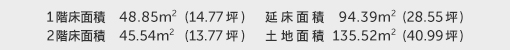 1階床面積 48.85㎡（14.77坪） 2階床面積 45.54㎡（13.77坪） 建物面積 94.39㎡（28.55坪） 土地面積 135.52㎡（40.99坪） 