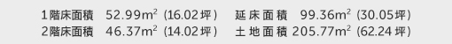 1階床面積 52.99㎡（16.02坪） 2階床面積 46.37㎡（14.02坪） 建物面積 99.36㎡（30.05坪） 土地面積 205.77㎡（62.24坪）