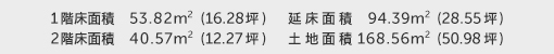 1階床面積 53.82㎡（16.28坪） 2階床面積 40.57㎡（12.27坪） 建物面積 94.39㎡（28.55坪） 土地面積 168.56㎡（50.98坪） 