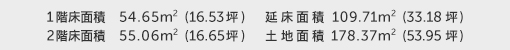 1階床面積 54.65㎡（16.53坪） 2階床面積 55.06㎡（16.65坪） 建物面積 109.71㎡（33.18坪） 土地面積 178.37㎡（53.95坪） 