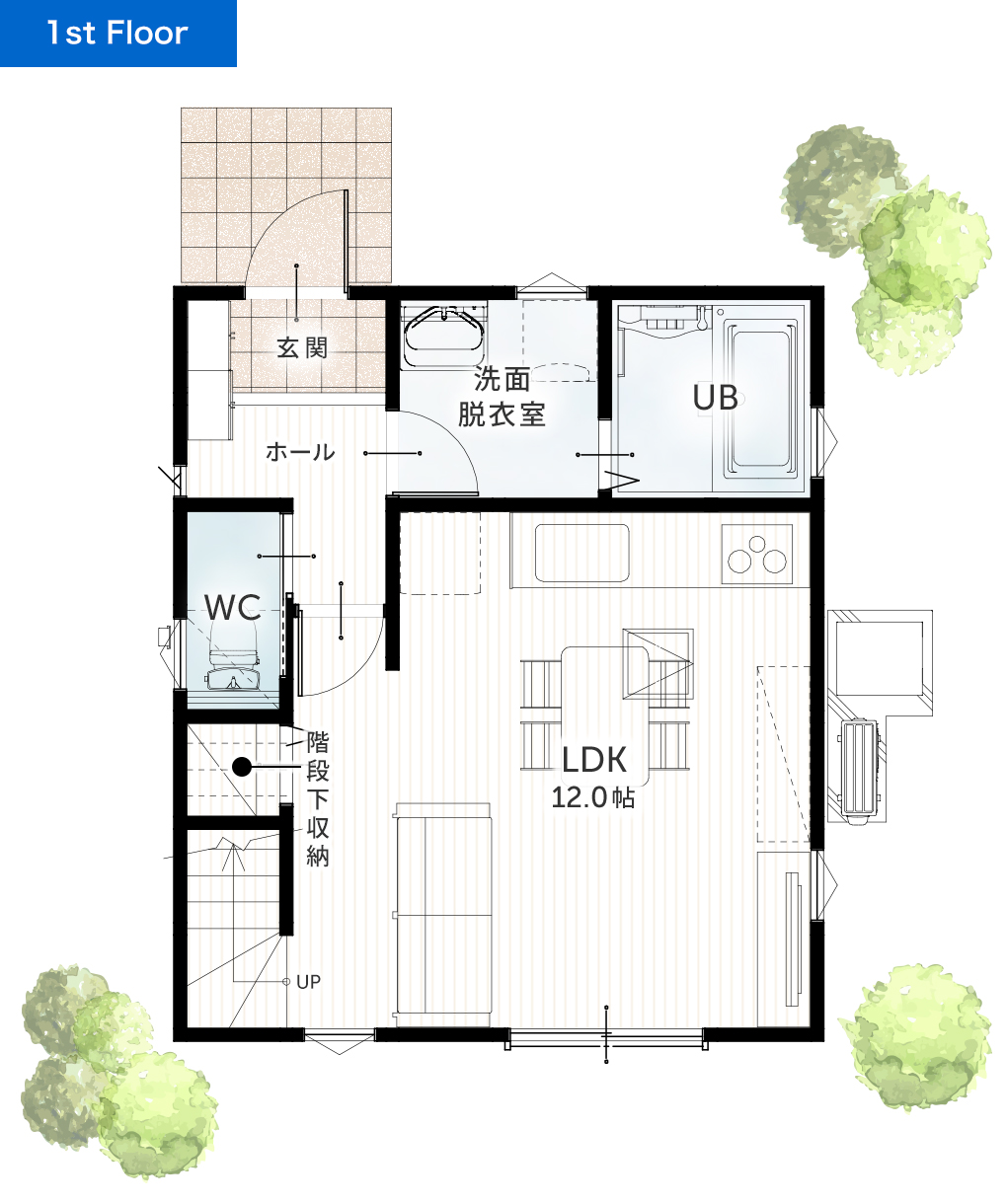 二階建て 21坪 3LDK 新築間取りプラン 1F間取り図