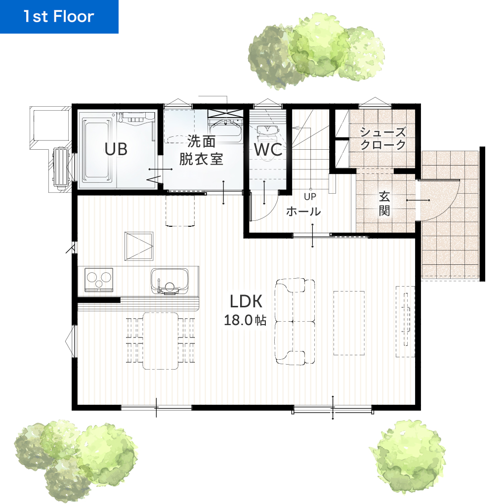 二階建て 27坪 3SLDK 新築間取りプラン 1F間取り図