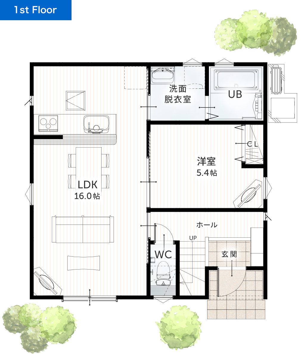 二階建て 30坪 4SLDK 新築間取りプラン 1F間取り図