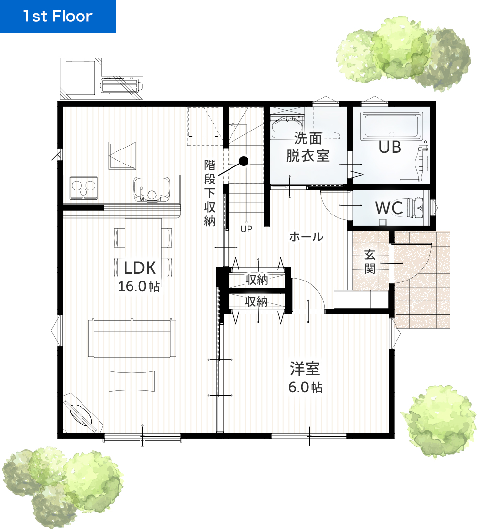 二階建て 32坪 5LDK 新築間取りプラン 1F間取り図