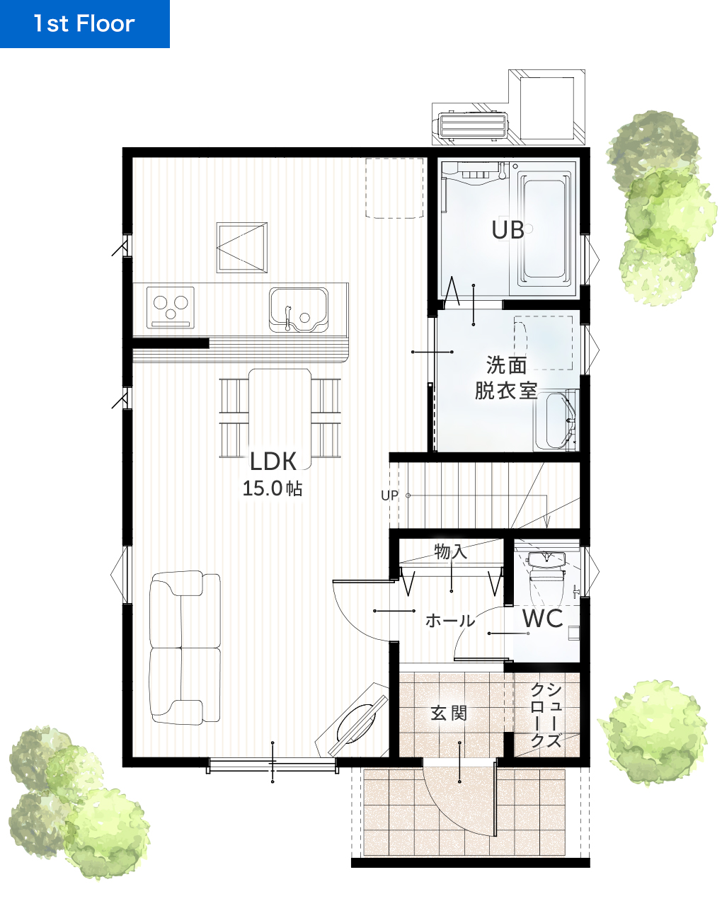 二階建て 25坪 4SLDK 新築間取りプラン 1F間取り図