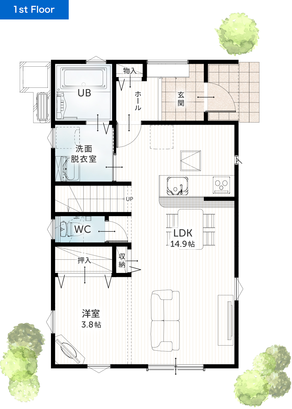 二階建て 28坪 4LDK 新築間取りプラン 1F間取り図