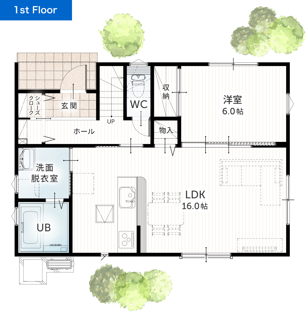 二階建て 33坪 4SLDK 新築間取りプラン 1F間取り図