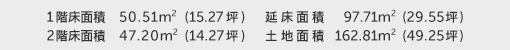 1階床面積 50.51㎡（15.27坪） 2階床面積 47.20㎡（14.27坪） 建物面積 97.71㎡（29.55坪） 土地面積 162.81㎡（49.25坪） 