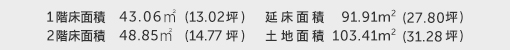 1階床面積 43.06㎡（13.02坪） 2階床面積 48.85㎡（14.77坪） 建物面積 91.91㎡（27.80坪） 土地面積 103.41㎡（31.28坪） 