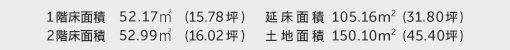 1階床面積 52.17㎡（15.78坪） 2階床面積 52.99㎡（16.02坪） 建物面積 105.16㎡（31.80坪） 土地面積 150.10㎡（45.40坪） 