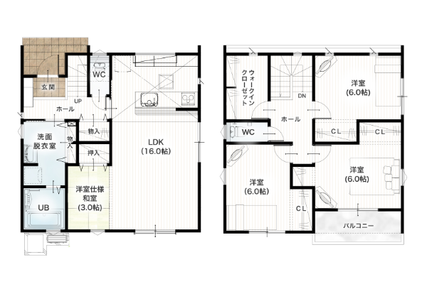 宇土市古城町4号地 30坪 3SLDK 間取り図 1階床面積 51.34㎡（15.53坪） 2階床面積 49.68㎡（15.02坪） 建物面積 101.02㎡（30.55坪） 土地面積 154.09㎡（46.61坪）