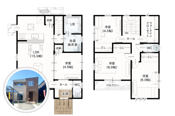 熊本市東区長嶺東2丁目1号地 28坪 4SLDK 間取り図 1階床面積 48.85㎡（14.77坪） 2階床面積 45.54㎡（13.77坪） 建物面積 94.39㎡（28.55坪） 土地面積 131.22㎡（39.69坪）