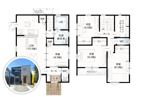 熊本市東区長嶺東2丁目2号地 28坪 4SLDK 間取り図 1階床面積 48.85㎡（14.77坪） 2階床面積 45.54㎡（13.77坪） 建物面積 94.39㎡（28.55坪） 土地面積 128.55㎡（38.88坪）