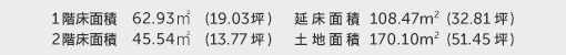 1階床面積 62.93㎡(19.03坪) 2階床面積 45.54㎡(13.77坪) 建物面積 108.47㎡(32.81坪) 土地面積 170.10㎡(51.45坪)