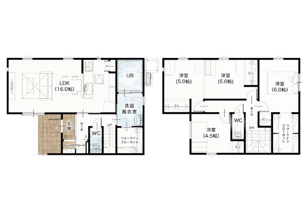 熊本市東区三郎2丁目2期3号地 30坪4SSLDK 間取り図 1階床面積 48.02㎡（14.52坪） 2階床面積 52.99㎡（16.02坪） 建物面積 101.01㎡（30.55坪） 土地面積 152.52㎡（46.13坪）