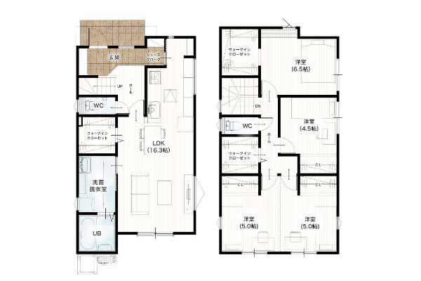 熊本市北区麻生田5丁目1号地 32坪4SSSLDK 間取り図 1階床面積 49.89㎡（15.09坪） 2階床面積 56.31㎡（17.03坪） 建物面積 106.20㎡（32.12坪） 土地面積 144.16㎡（43.57坪）