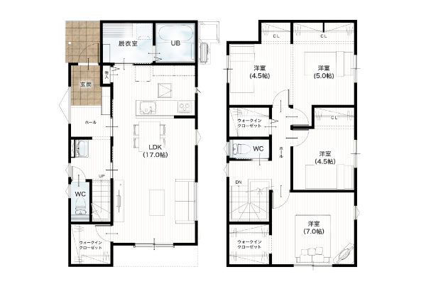 熊本市北区麻生田5丁目2号地 32坪 4SSLDK 間取り図 1階床面積 51.34㎡（15.53坪） 2階床面積 55.89㎡（16.90坪） 建物面積 107.23㎡（32.43坪） 土地面積 149.43㎡（45.20坪）