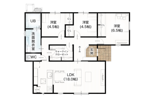 合志市御代志2期13号地 26坪 3SLDK 間取り図 1階床面積 87.77㎡（26.55坪） 建物面積 87.77㎡（26.55坪） 土地面積 200.91㎡（60.77坪）