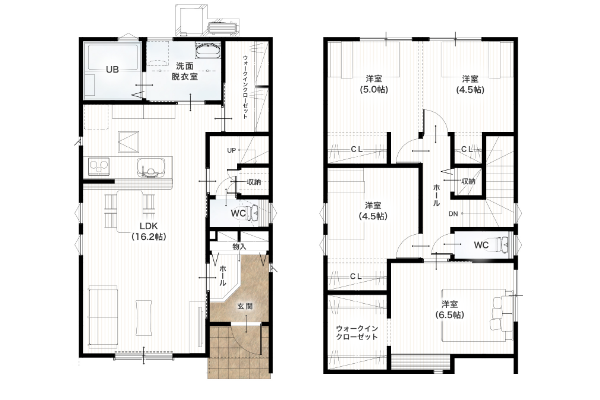 熊本市南区近見3丁目1号地 30坪4SLDK 間取り図 1階床面積 48.02㎡（14.52坪） 2階床面積 51.34㎡（15.53坪） 建物面積 99.36㎡（30.05坪） 土地面積 136.11㎡（41.17坪）