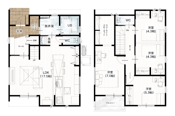 菊池郡大津町室2期1号地 29坪 4SLDK 間取り図 1階床面積 48.02㎡（14.52坪） 2階床面積 50.92㎡（15.40坪） 建物面積 98.94㎡（29.92坪） 土地面積 227.00㎡（68.66坪）