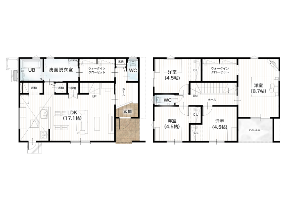 合志市豊岡11号地 33坪 4SLDK 間取り図 1階床面積 54.65㎡（16.53坪） 2階床面積 55.06㎡（16.65坪） 建物面積 109.71㎡（33.18坪） 土地面積 204.92㎡（61.98坪）