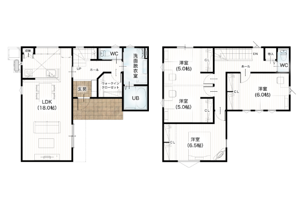 合志市豊岡12号地 33坪 4SLDK 間取り図 1階床面積 51.34㎡（15.53坪） 2階床面積 57.96㎡（17.53坪） 建物面積 109.30㎡（33.06坪） 土地面積 204.91㎡（61.98坪）