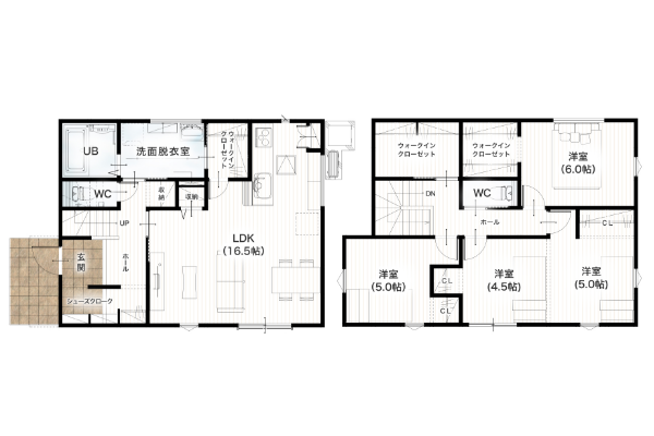 宇土市松山町3期8号地 33坪 4SSSLDK 間取り図 1階床面積 52.17㎡（15,78坪） 2階床面積 54.65㎡（16.53坪） 建物面積 106.82㎡（32.31坪） 土地面積 204.03㎡（61.71坪）
